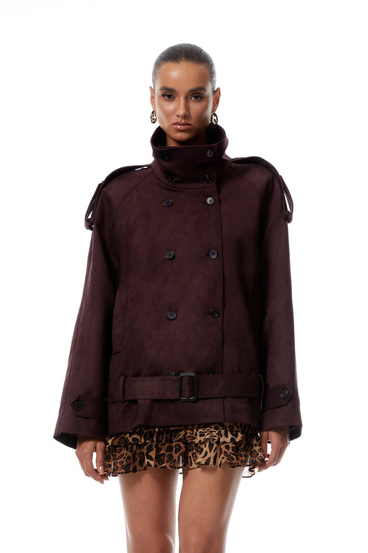 Flavia Burgundy Belted Suede Trench Coat