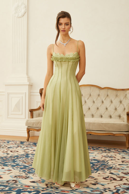 Matcha Ruffled Shirred Tulle Maxi Dress
