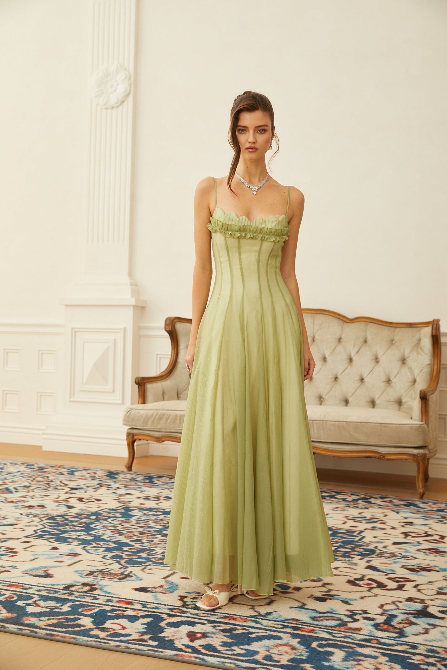 Matcha Ruffled Shirred Tulle Maxi Dress