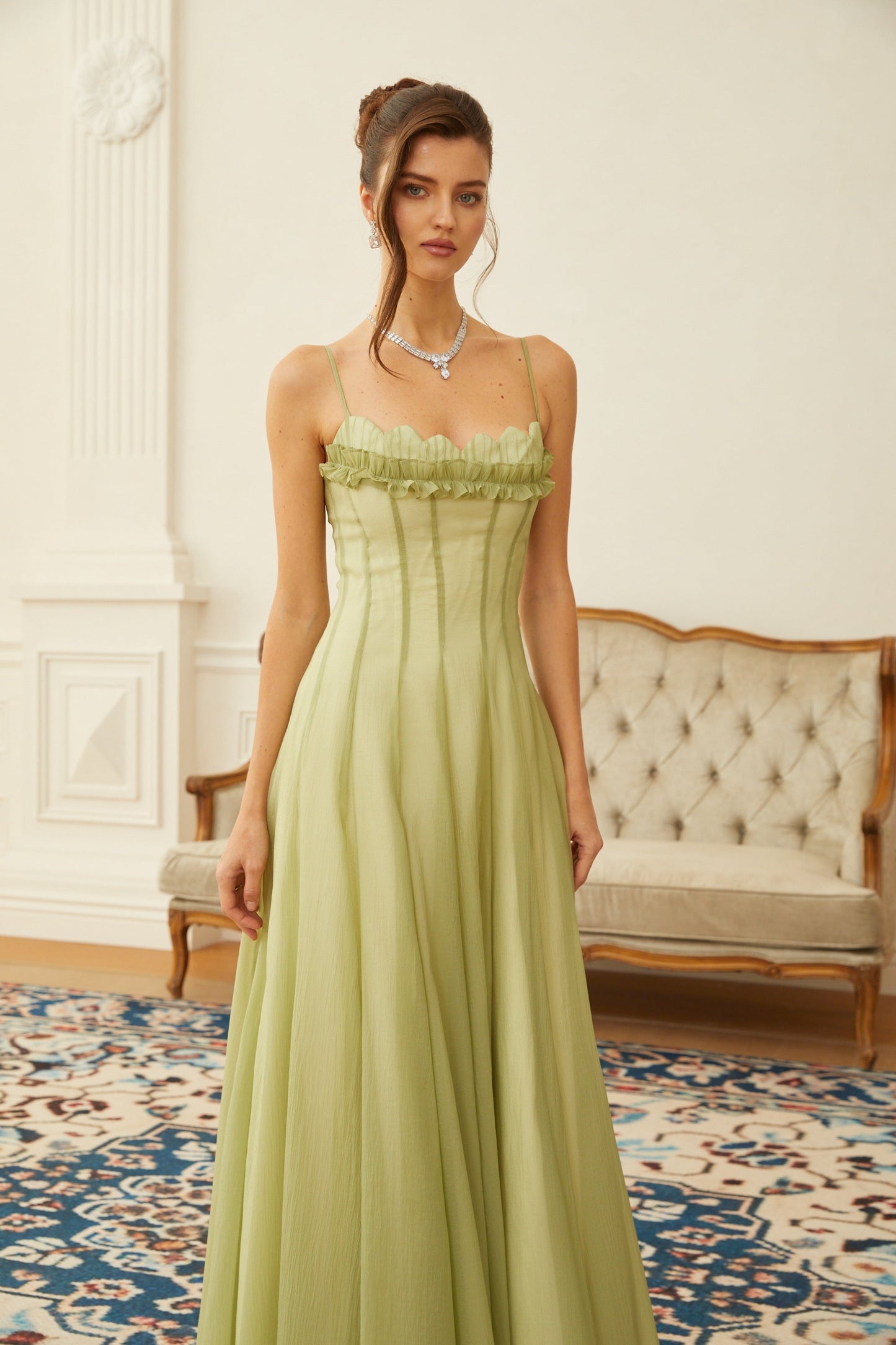 Matcha Ruffled Shirred Tulle Maxi Dress