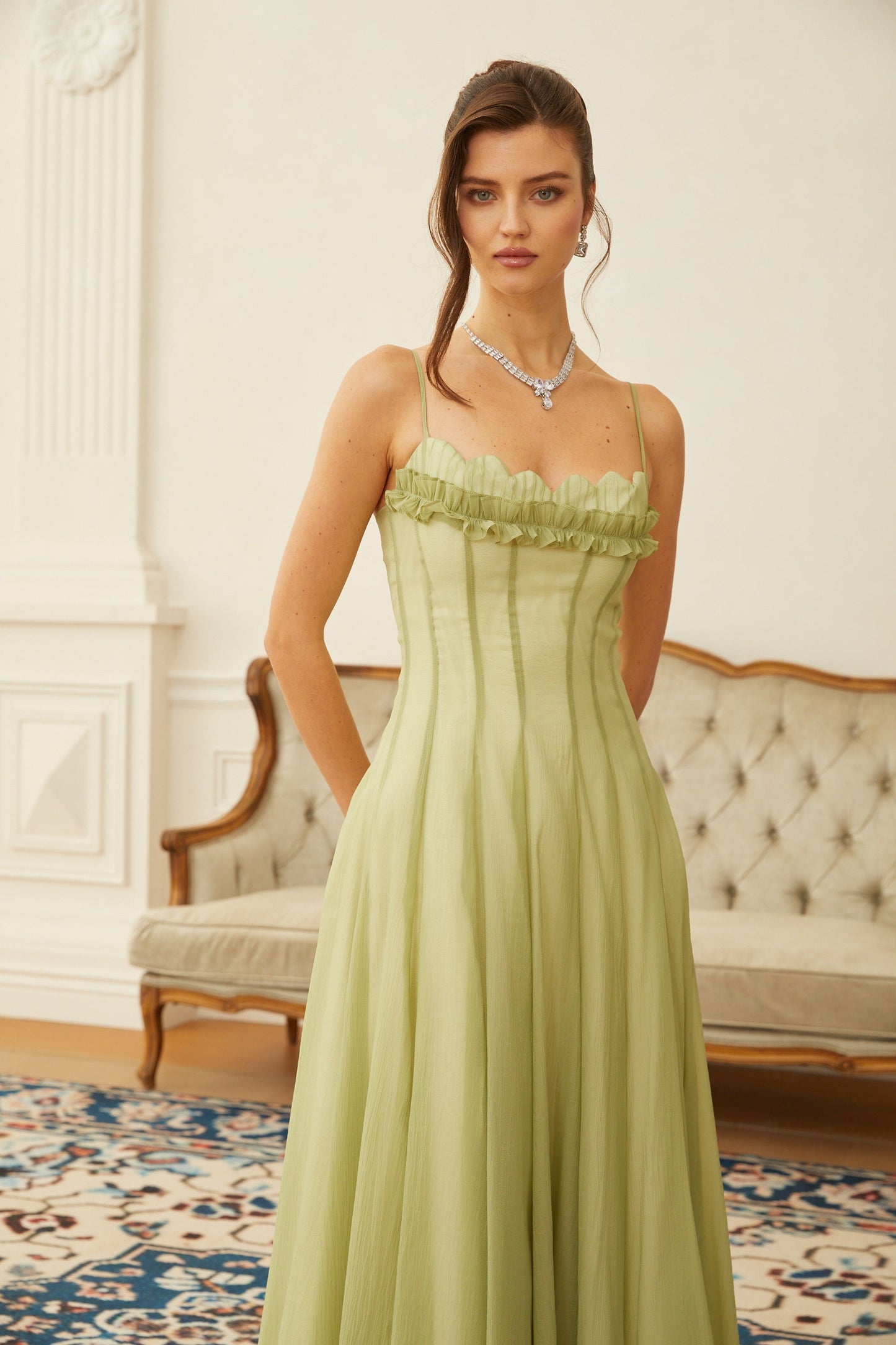 Matcha Ruffled Shirred Tulle Maxi Dress