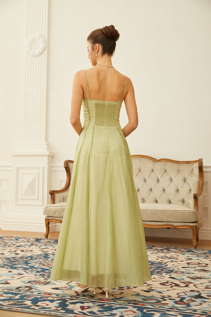 Matcha Ruffled Shirred Tulle Maxi Dress