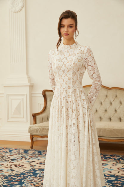Bronte White Pleated Floral Lace Midi Dress