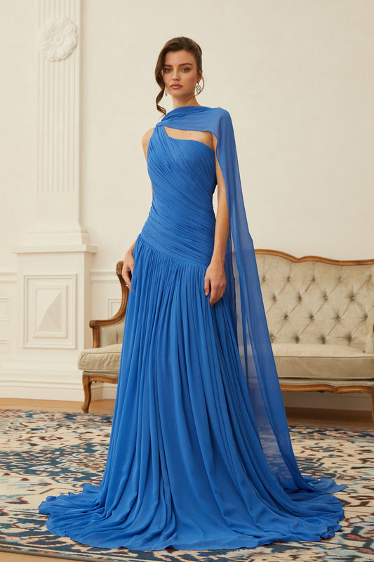 Faustine Mavi Pelerinli Dantelli Maxi Elbise