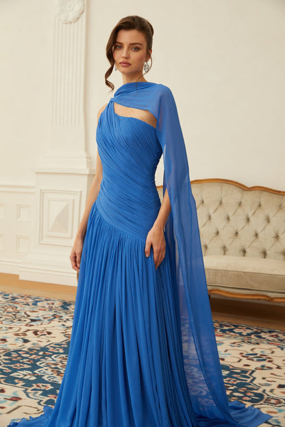 Faustine Blue Cape Design Ruched Maxi Dress