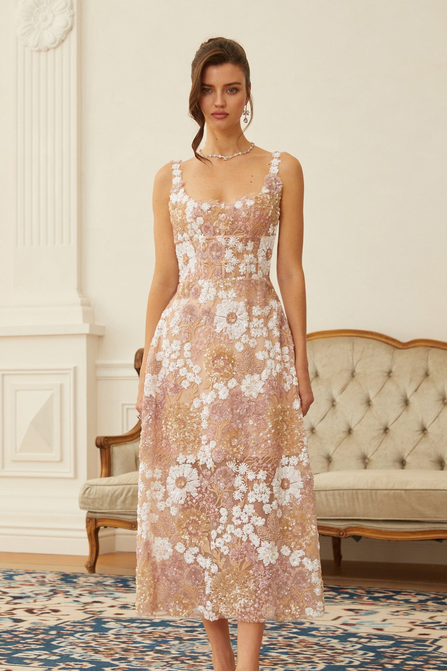 Eirlys Neutral Sequined Floral Tulle Midi Dress