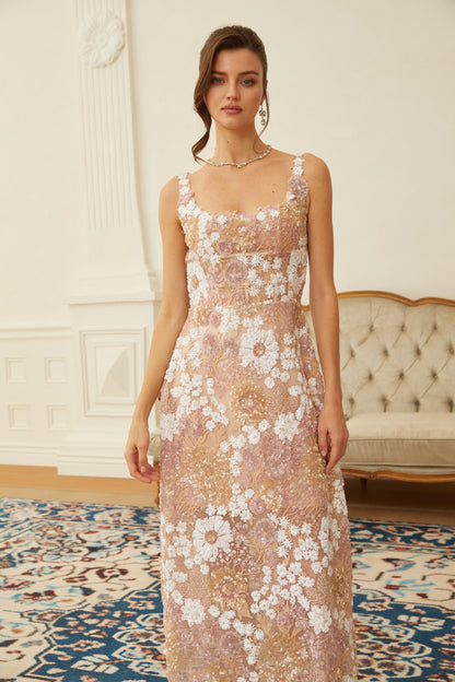 Eirlys Neutral Sequined Floral Tulle Midi Dress
