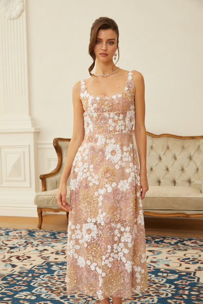 Eirlys Neutral Sequined Floral Tulle Midi Dress