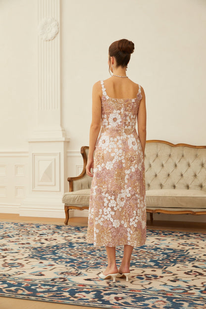 Eirlys Neutral Sequined Floral Tulle Midi Dress