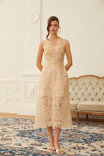Linnea Nude Floral Applique V-Neck Midi Dress