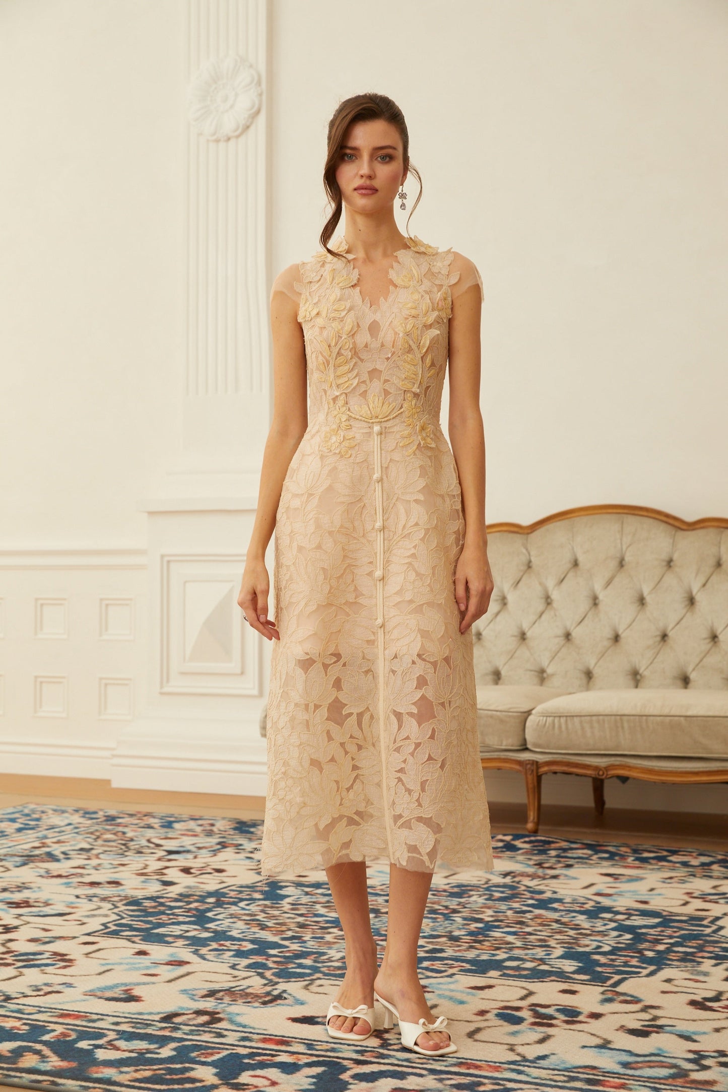Linnea Nude Floral Applique V-Neck Midi Dress