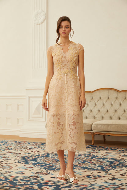 Linnea Nude Floral Applique V-Neck Midi Dress