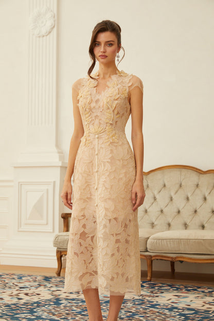 Linnea Nude Floral Applique V-Neck Midi Dress