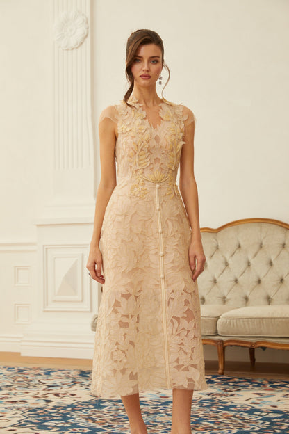Linnea Nude Floral Applique V-Neck Midi Dress