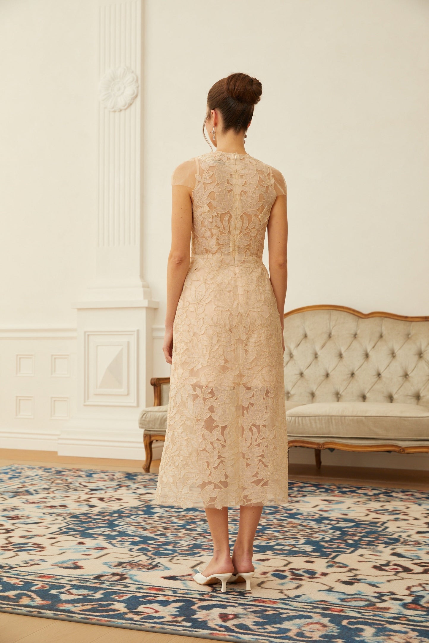 Linnea Nude Floral Applique V-Neck Midi Dress
