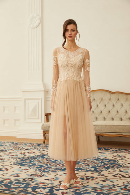 Aviana  Neutral Lace Panel Tulle Midi Dress