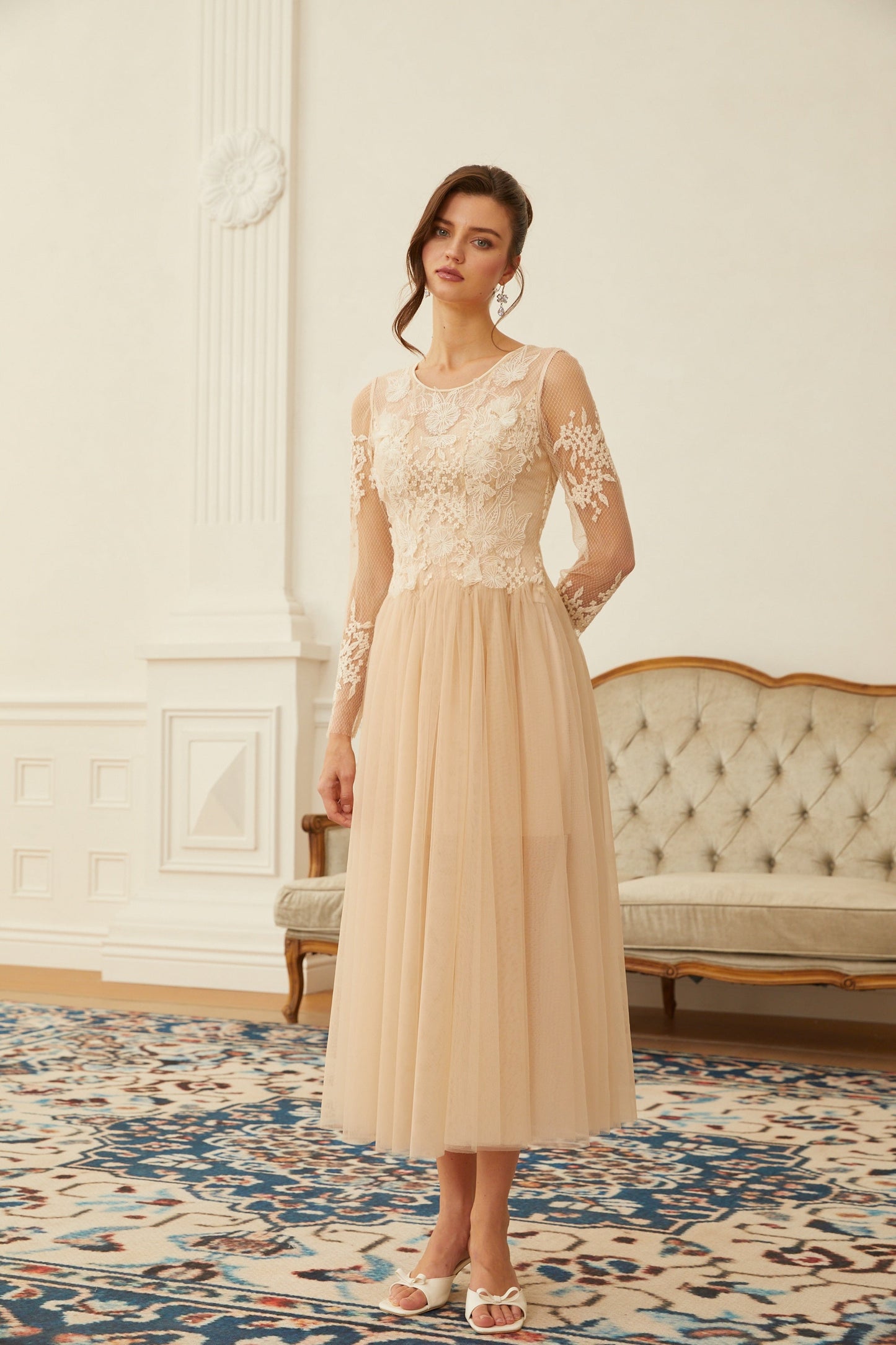 Aviana  Neutral Lace Panel Tulle Midi Dress