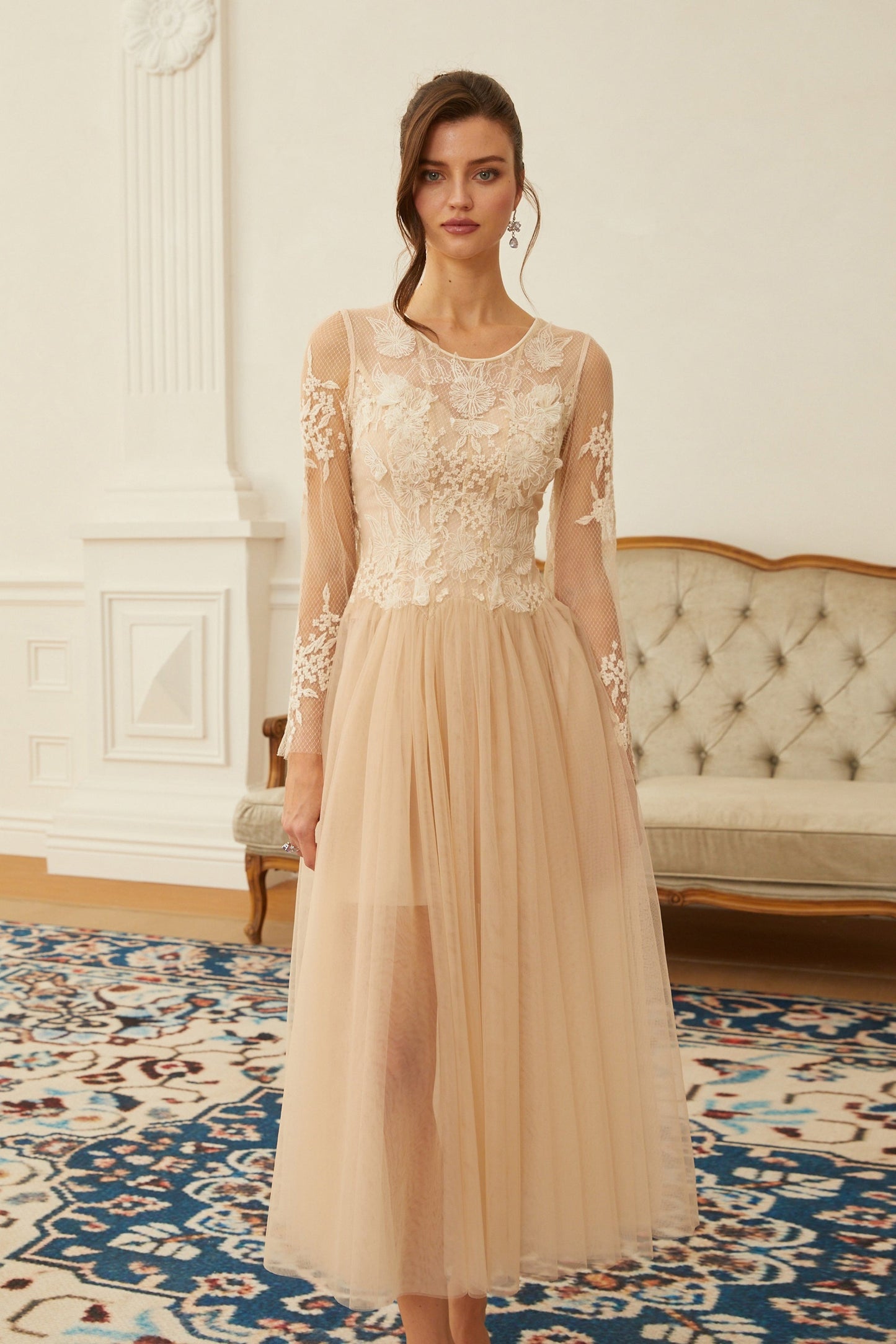 Aviana  Neutral Lace Panel Tulle Midi Dress