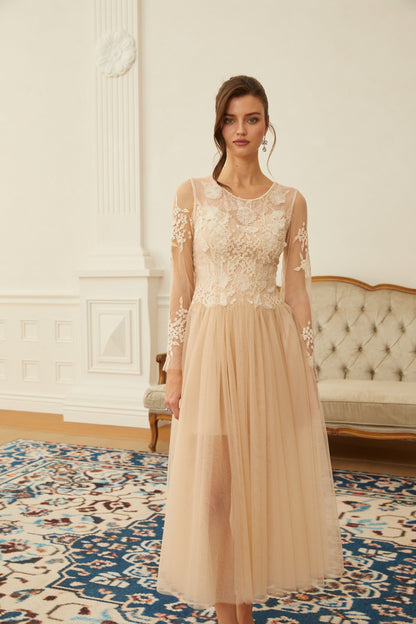 Aviana  Neutral Lace Panel Tulle Midi Dress