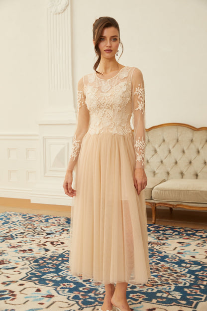 Aviana  Neutral Lace Panel Tulle Midi Dress