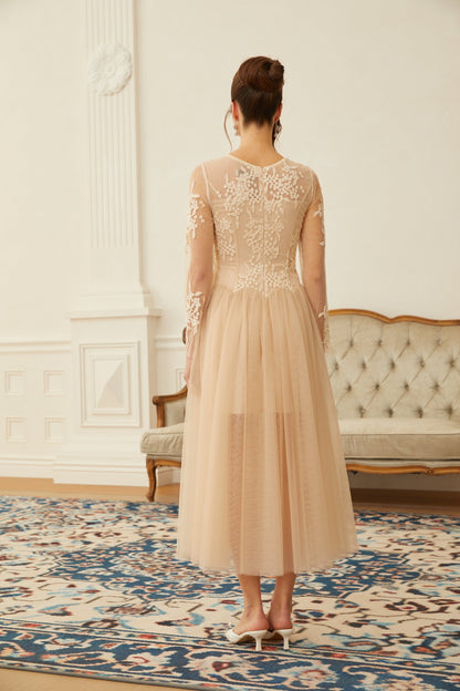 Aviana  Neutral Lace Panel Tulle Midi Dress