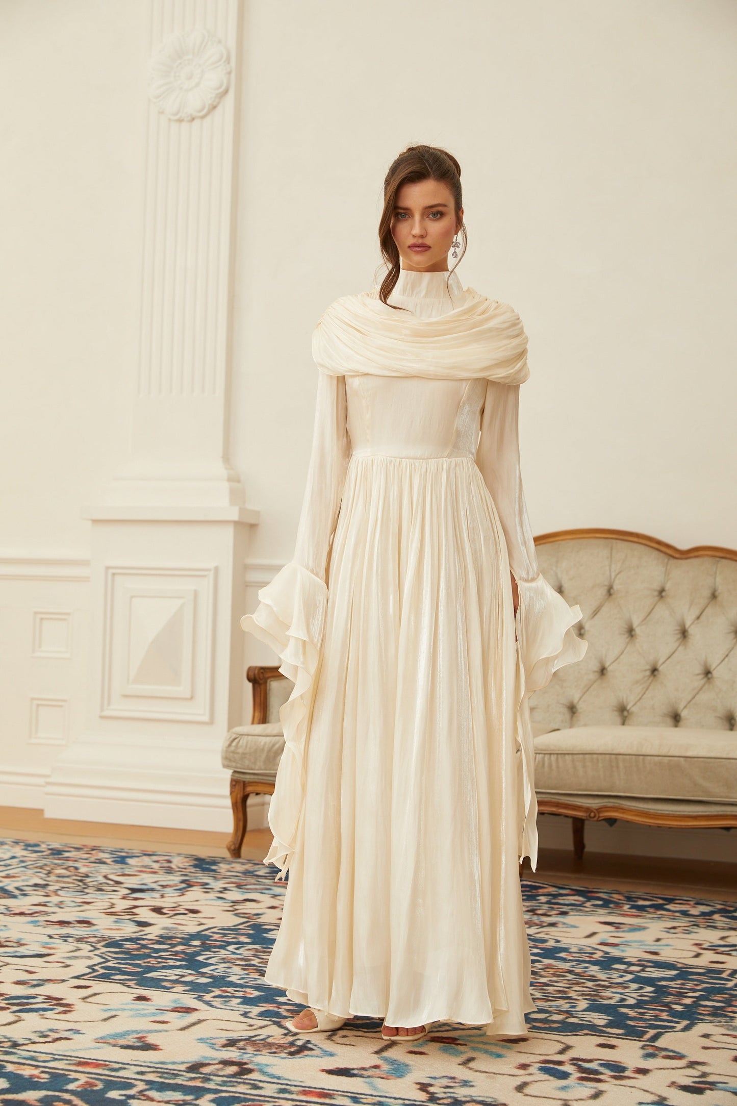 Danuta Neutral Ruched Pleated Maxi Dress