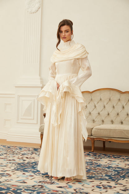 Danuta Neutral Ruched Pleated Maxi Dress