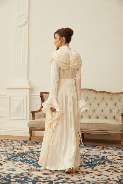 Danuta Neutral Ruched Pleated Maxi Dress