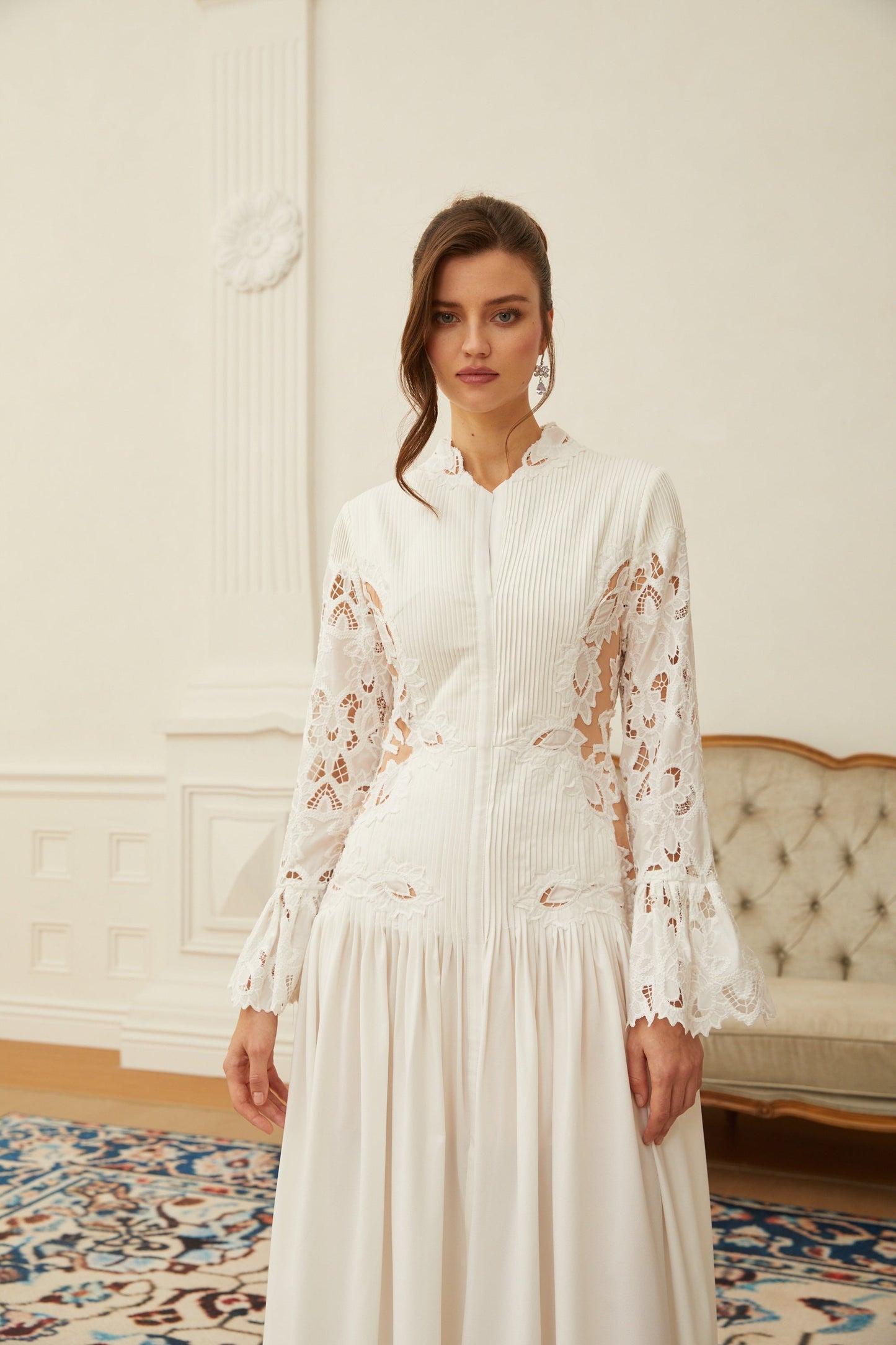 Chiara White Lace Panel Pleated Midi Dress