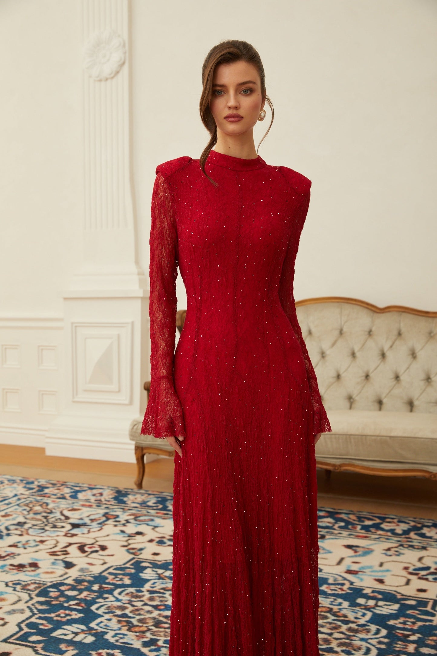 Justyna Kırmızı Taşlı Güpür Dantel Maxi Elbise