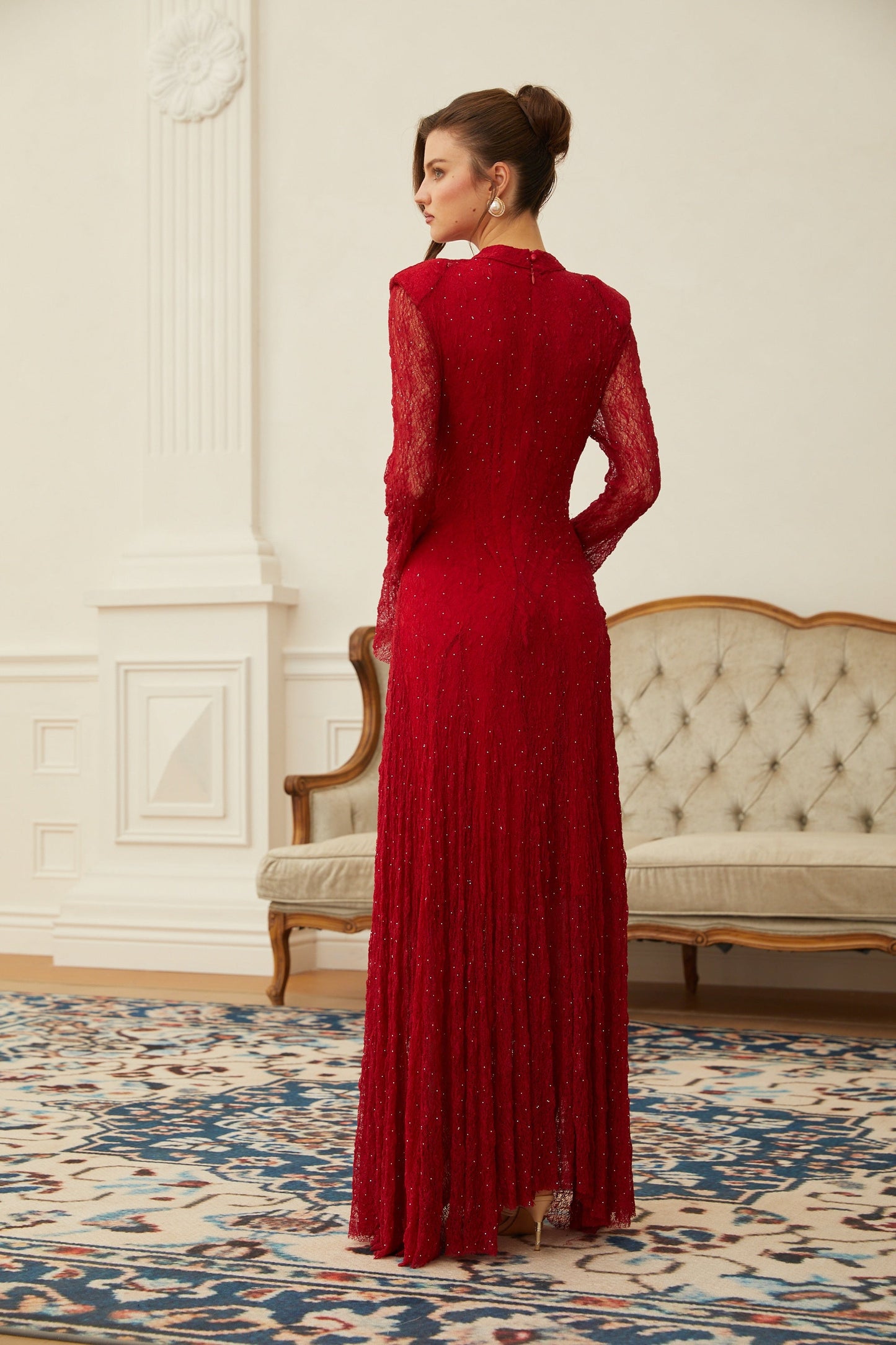 Justyna Kırmızı Taşlı Güpür Dantel Maxi Elbise