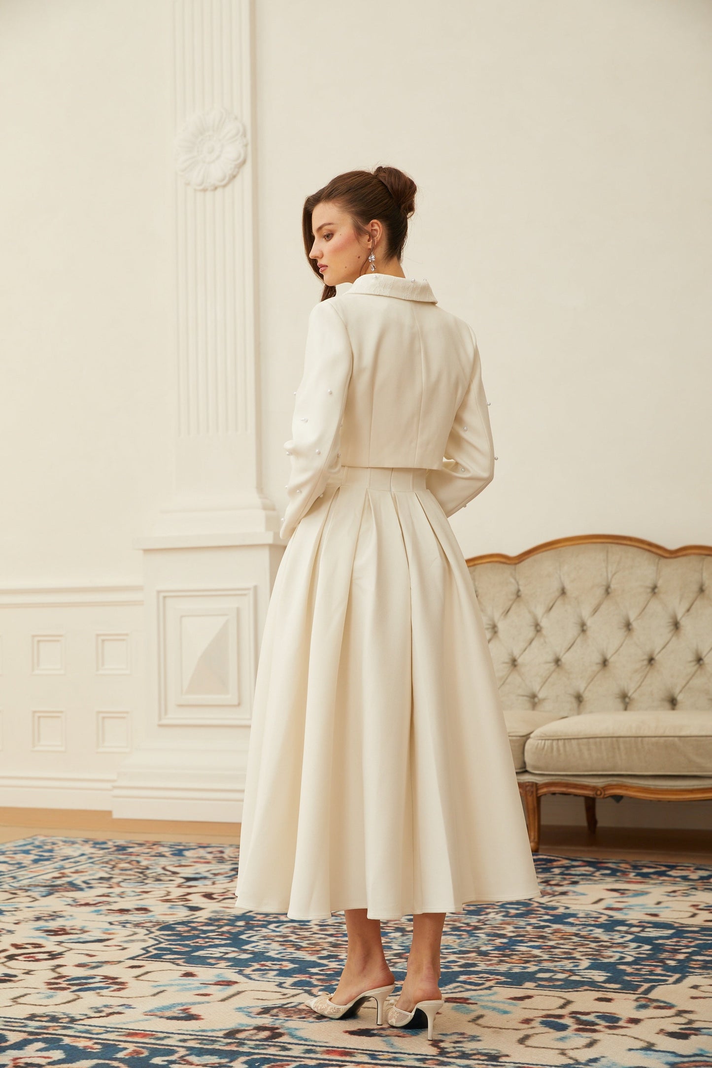 Maja White Faux Pearl Jacket & Pleated Skirt Set
