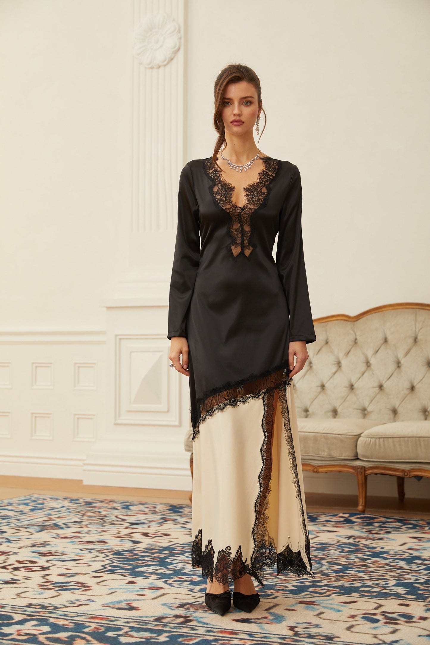 Raphaëlle Neutrals Lace Panel Satin Maxi Dress