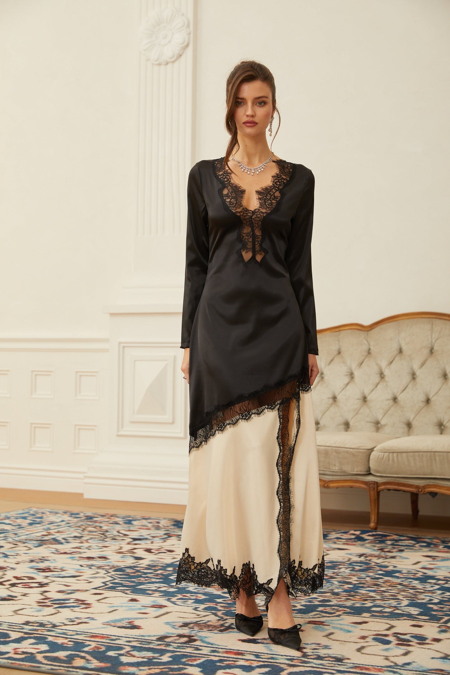 Raphaëlle Neutrals Lace Panel Satin Maxi Dress