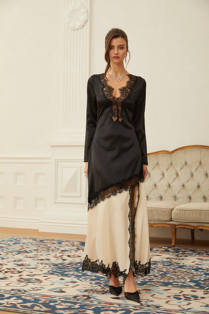 Raphaëlle Neutrals Lace Panel Satin Maxi Dress