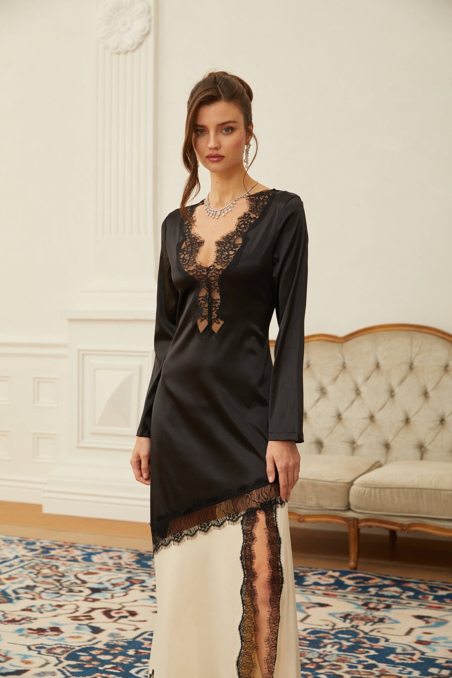 Raphaëlle Neutrals Lace Panel Satin Maxi Dress