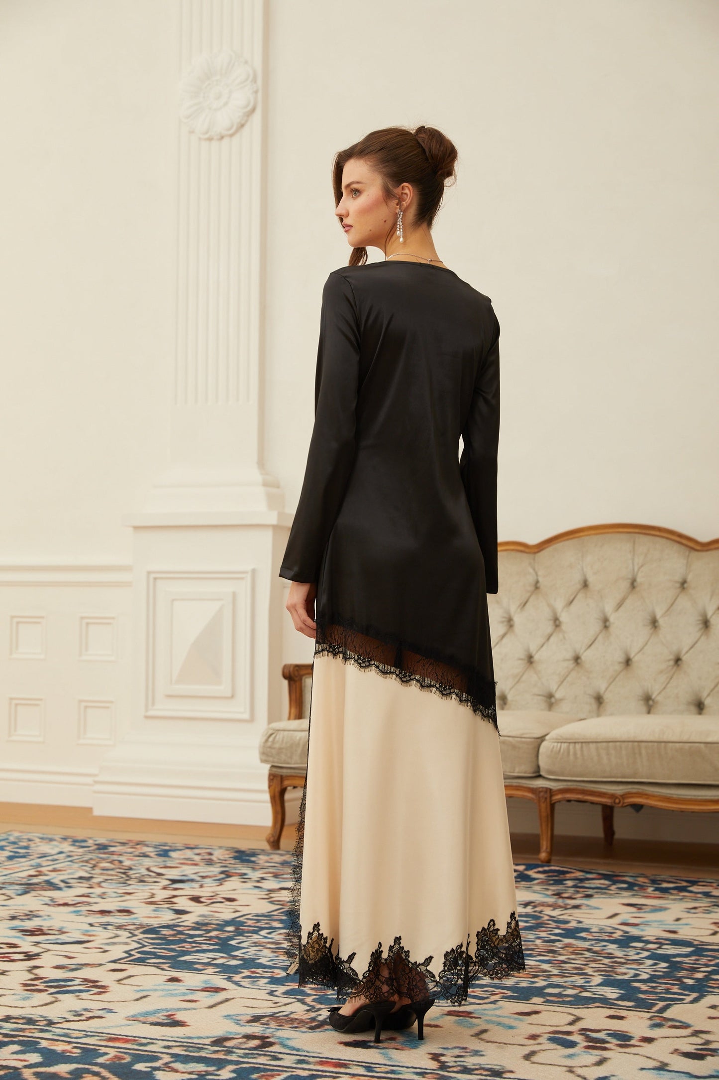 Raphaëlle Neutrals Lace Panel Satin Maxi Dress