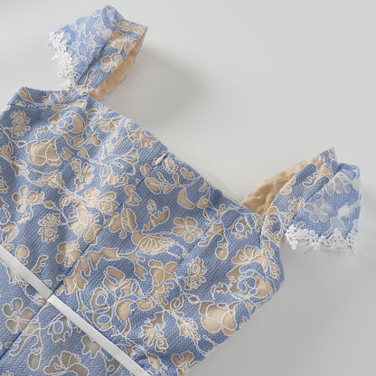 Gaëlle Blue Floral Embroidered Midi Dress