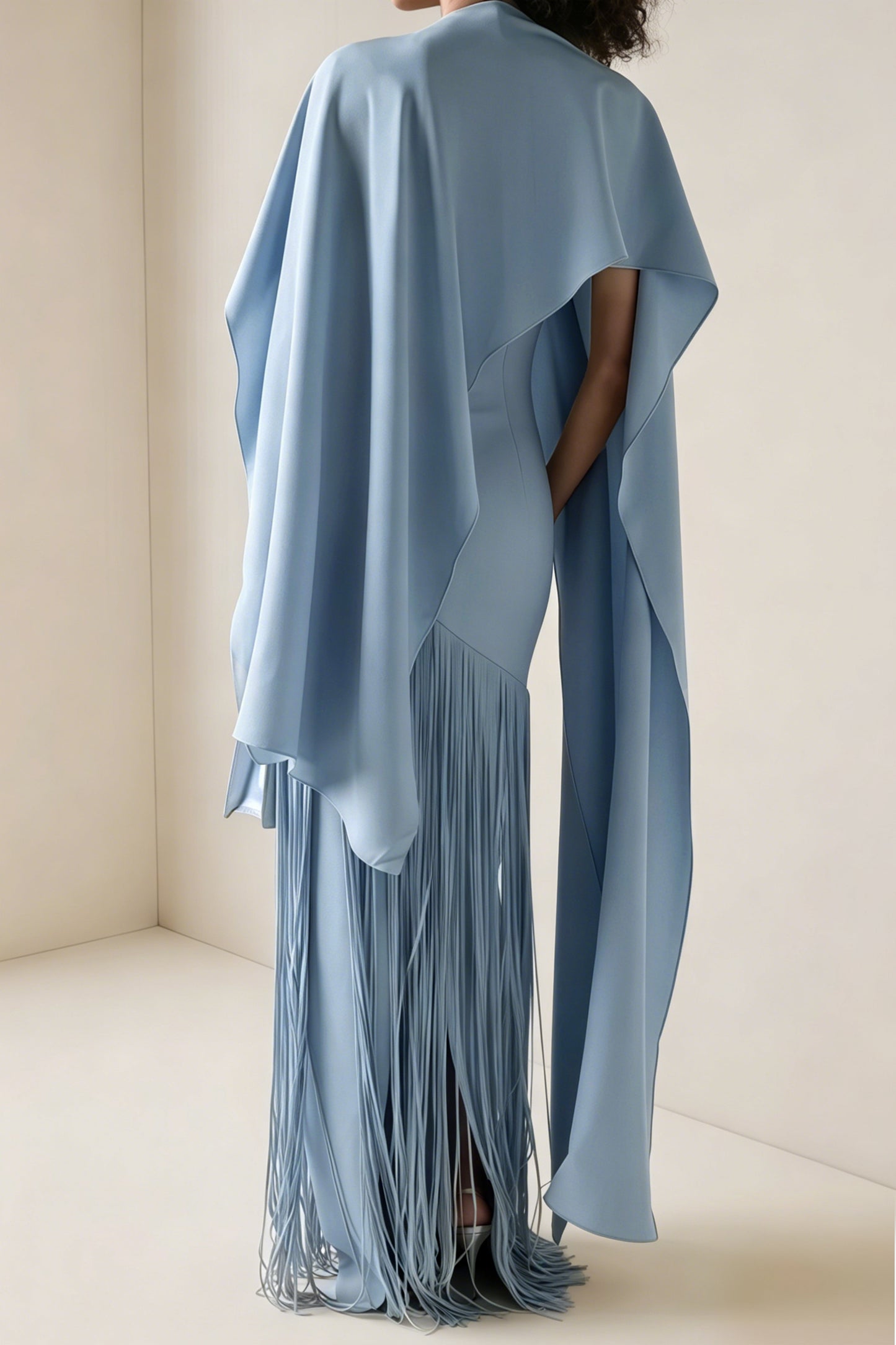 Cayetana Sapphire Blue Fringe Maxi Dress with Cape Effect