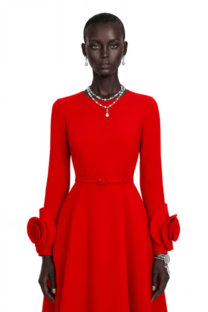 Aurelia Red Long-Sleeve Dress with Floral Embellishments