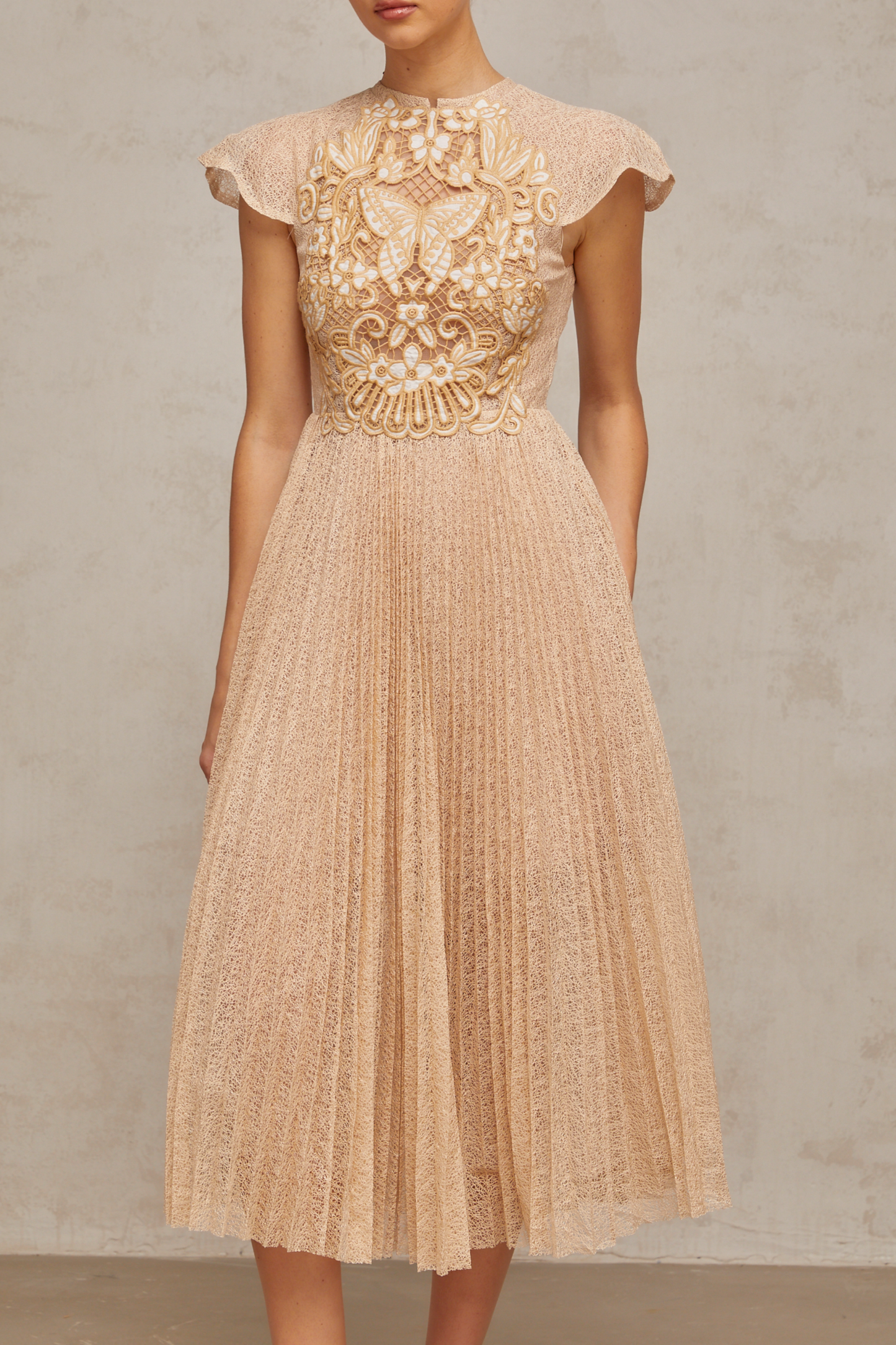 Nerissa Embroidered Pleated Midi Dress