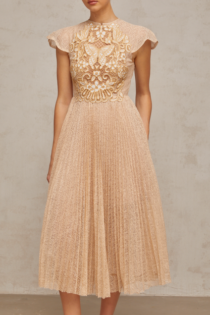 Nerissa Embroidered Pleated Midi Dress