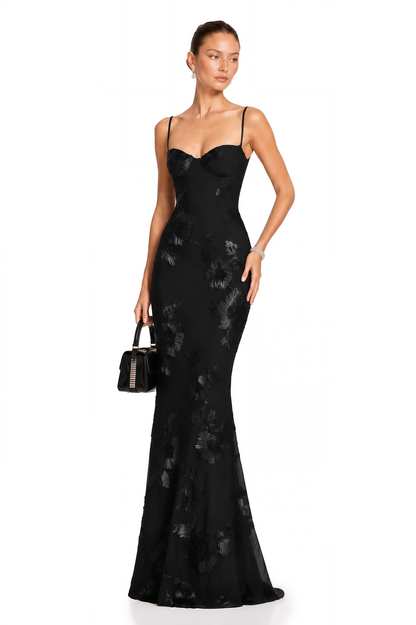 Théoline Black Floral Appliqué Corset Maxi Dress