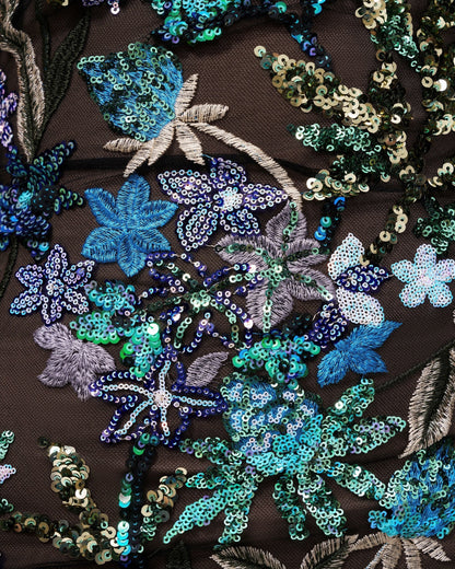 Isadora Çiçek Desenli Payetli Elbise - Siyah Çok Renkli