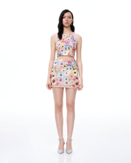 Valentino 3D Çiçek Desenli Nakışlı Elbise Set - Pastel Çok Renkli