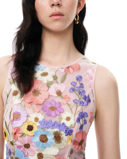 Valentino 3D Çiçek Desenli Nakışlı Elbise Set - Pastel Çok Renkli