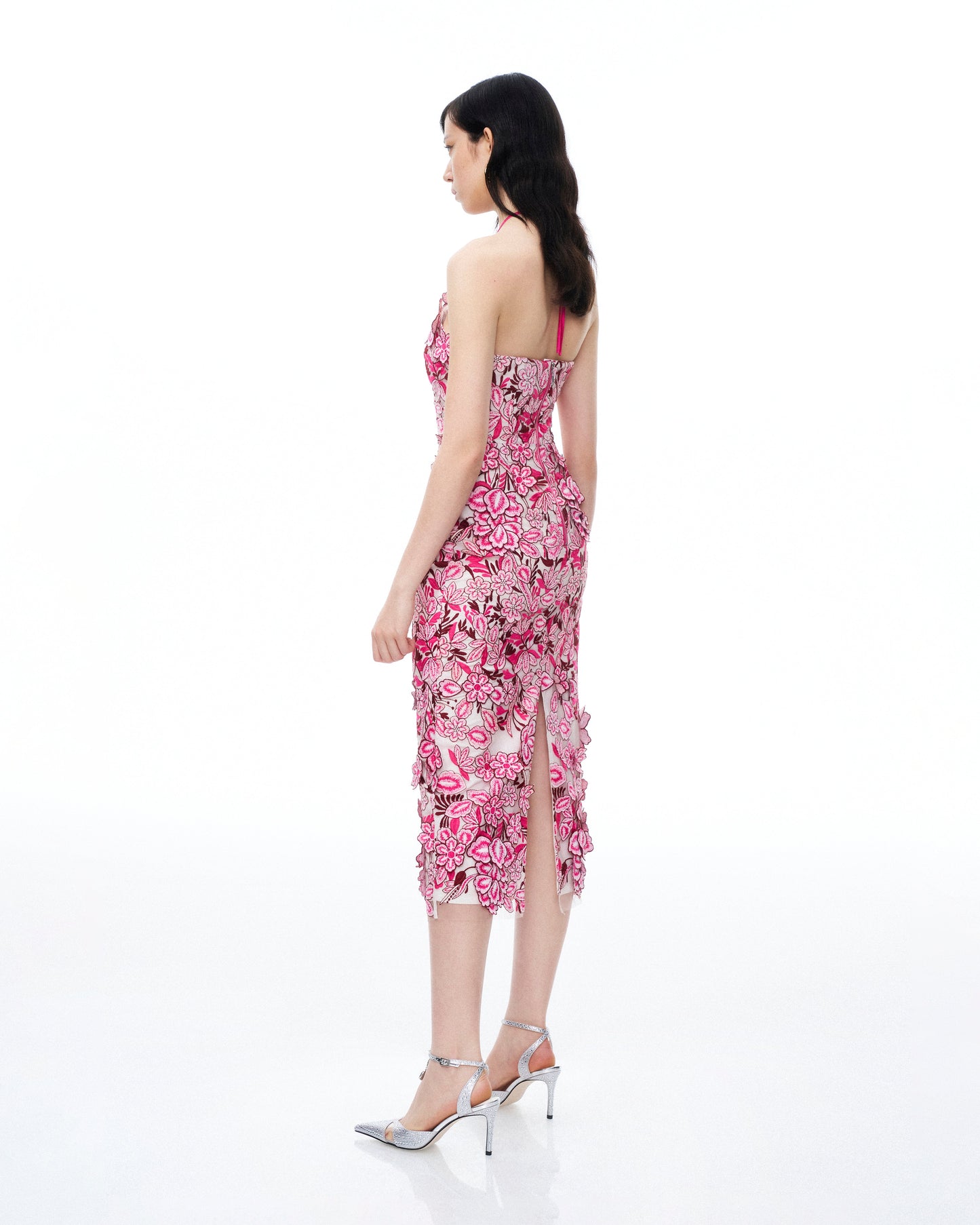 Fiora Halter Yaka Çiçek Desenli Nakışlı Maxi Elbise - Gül Kurusu Kırmızı