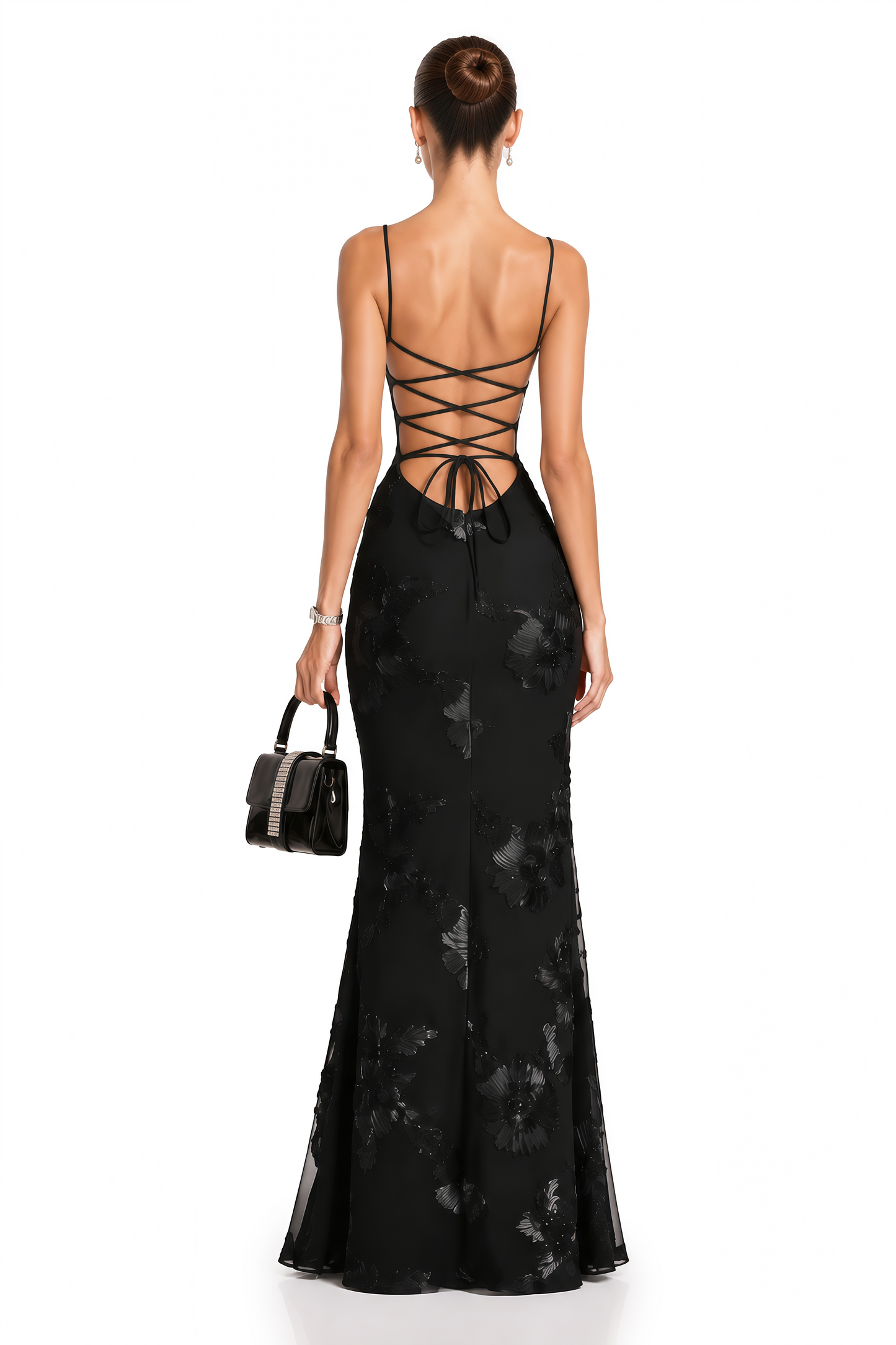 Théoline Black Floral Appliqué Corset Maxi Dress