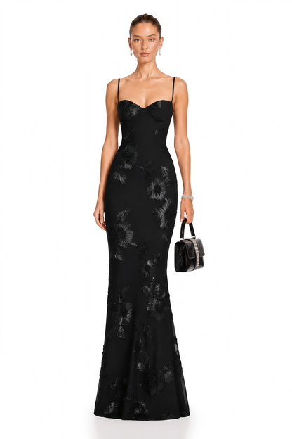 Théoline Black Floral Appliqué Corset Maxi Dress