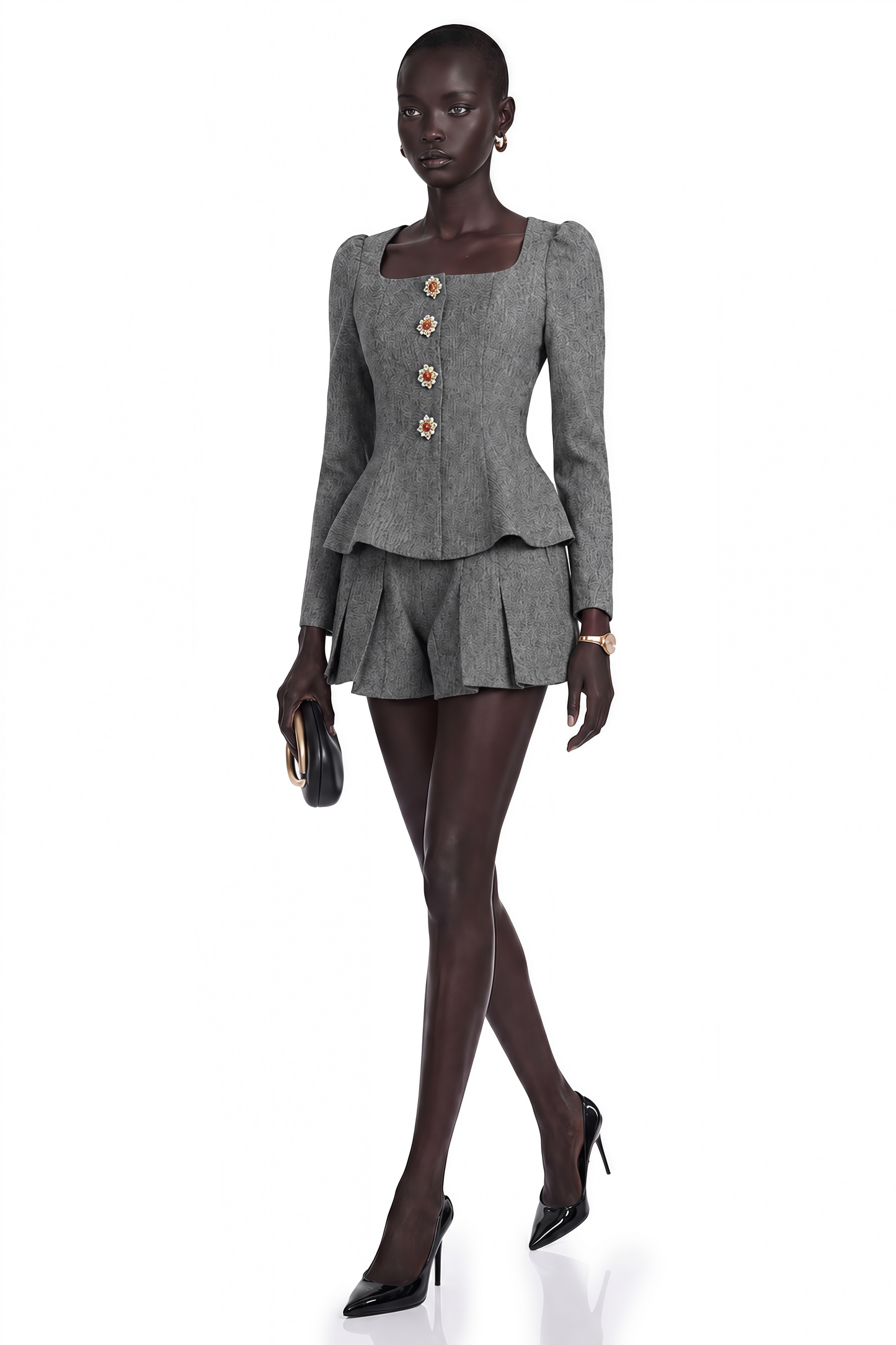 Agathe Grey Herringbone Top & Shorts Matching Set